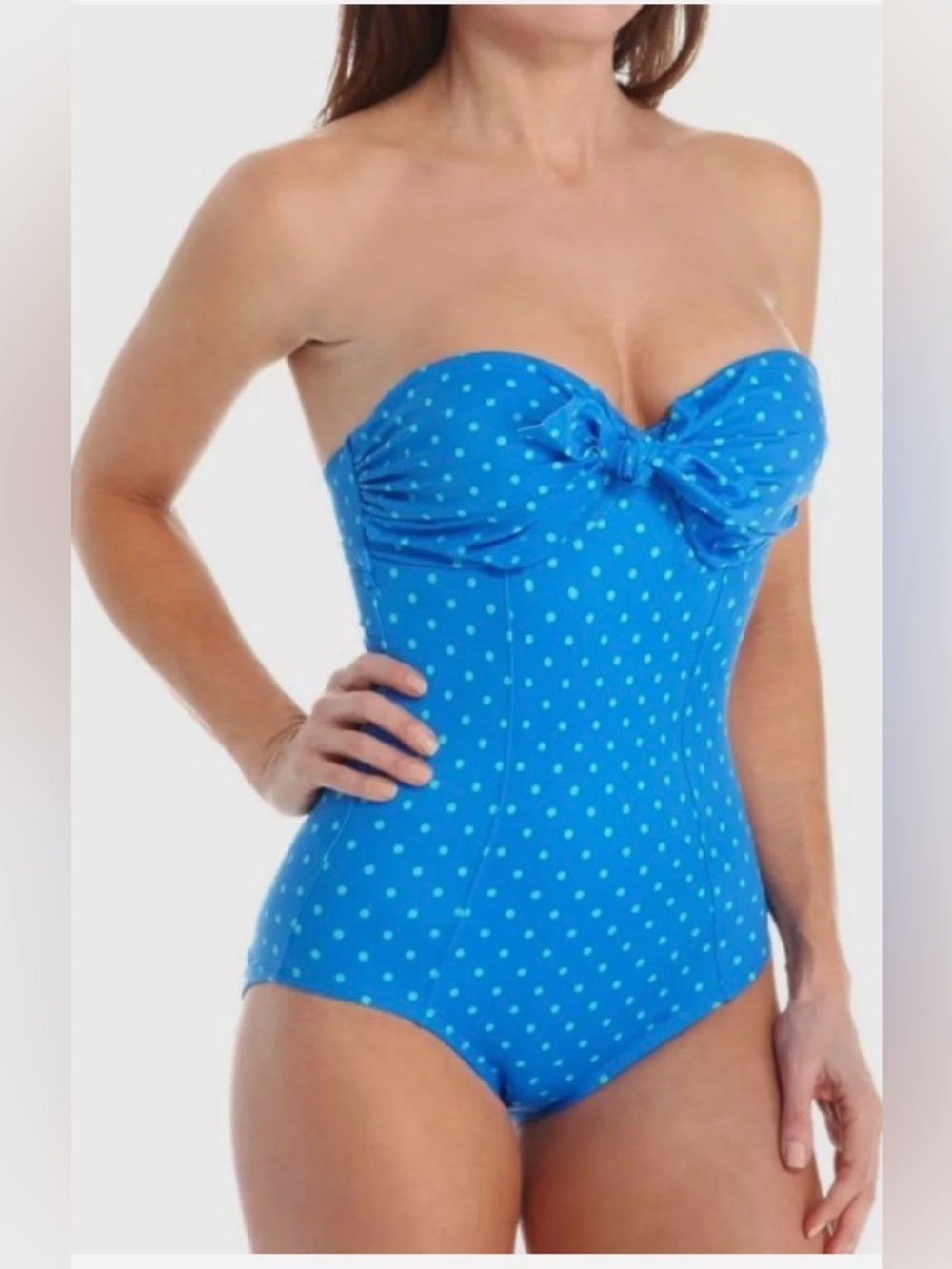 SPANX Shape ware Strapless Blue Polka Dot One-Piece Swimsuit size 8